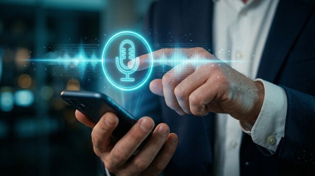 Voice Assistant Interaction: A close-up shot of a person using a mobile phone to activate a voice assistant, highlighting the seamless integration of technology in everyday tasks.