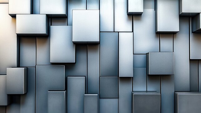 staggered metallic rectangular blocks forming a three-dimensional geometric wall with cool tones and a sleek, calm, orderly futuristic mood