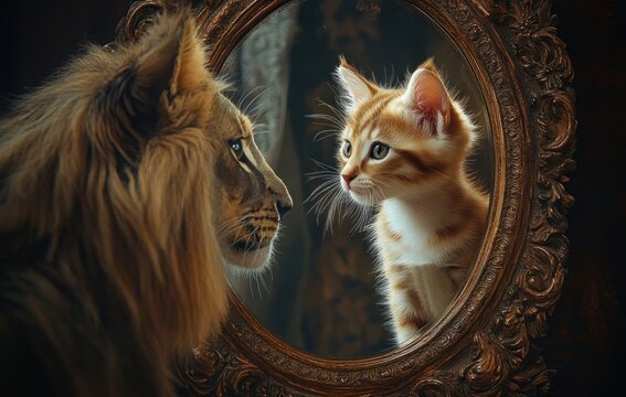 majestic lion gazes into an ornate mirror and sees a small orange kitten reflected, a tender moment of curiosity and introspection