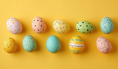 Obraz premium ten pastel speckled and striped painted eggs arranged in two neat rows on a bright yellow background creating a cheerful springtime scene