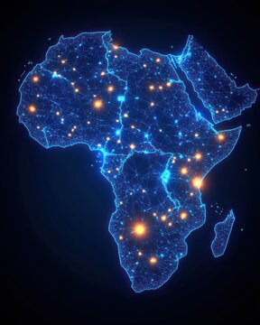 glowing neon digital map of africa with blue network lines and bright orange connection hubs, futuristic connected continent conveying dynamic energy and data flow