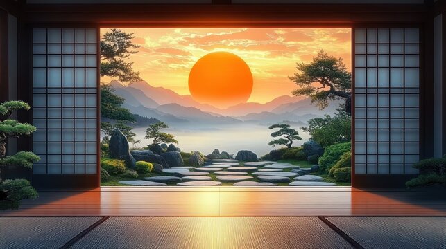 open shoji screens framing a polished wooden floor and a serene stepping-stone zen garden with bonsai pines, rocks, misty mountains and a large orange sun at sunrise