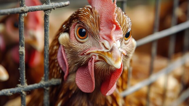 Close-up of a brown hen with bright orange eye, red comb and wattles peering through metal cage bars with an alert, anxious expression