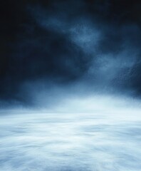 Obraz premium vast frozen plain beneath a stormy dark sky with swirling mist on the horizon, empty and haunting solitude