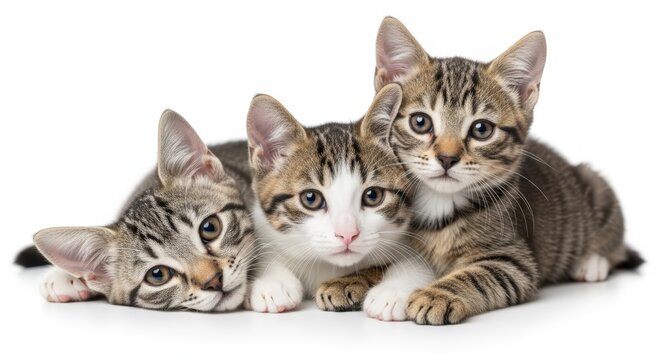 Three adorable tabby and white kittens lying together on a white background, looking directly at the camera with their innocent eyes.