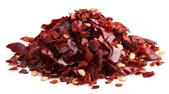 Pile of crushed red chili peppers and seeds on white background