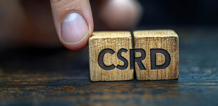 Finger nudging wooden letter blocks spelling CSRD on a dark wooden table, conveying focus and decisive business action