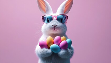 Fototapeta premium white fluffy rabbit wearing pink sunglasses holding a handful of colorful pastel eggs against a soft pink background, cheerful and playful