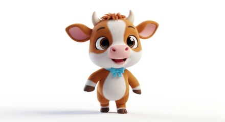 Obraz premium Adorable 3D animated cartoon calf with brown and white fur, big eyes, and a blue scarf, standing on a white background.