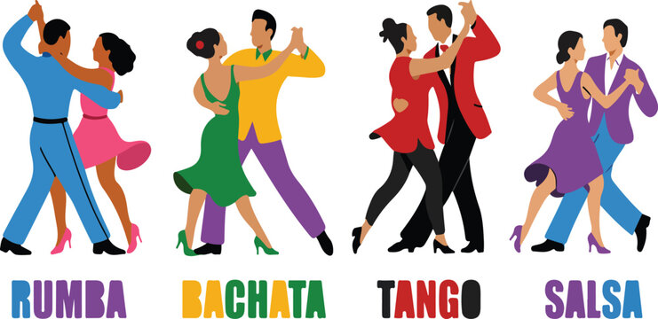 Couple dancing Latin dances vector set, people enjoying salsa, bachata, tango and rumba, elegant partner dance illustration collection