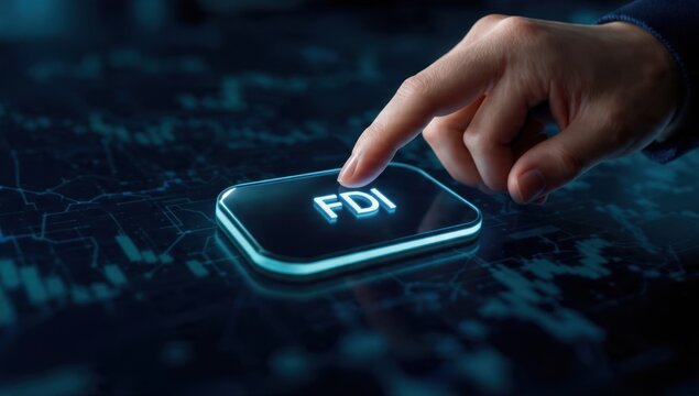 Press FDI Button on Futuristic Digital Screen for Foreign Direct Investment