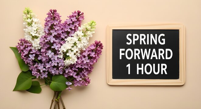 Daylight saving time reminder with spring flowers bouquet