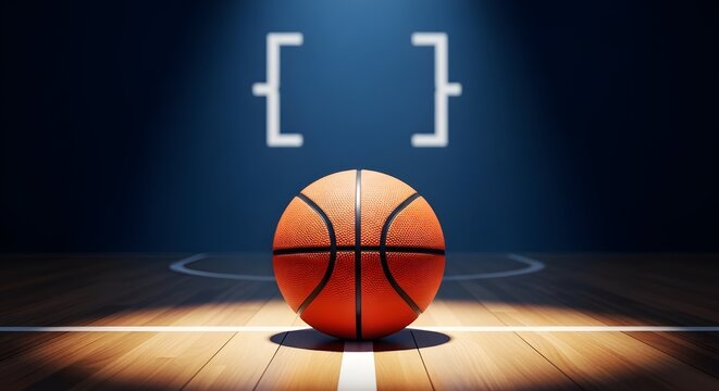 A lone basketball on a court with mysterious brackets shining down