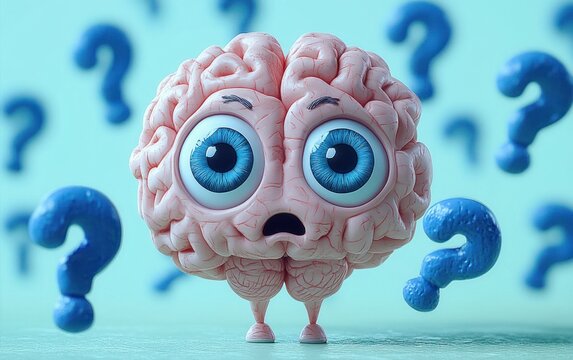 anthropomorphic pink brain with huge blue eyes and tiny legs looking worried and puzzled surrounded by floating blue question marks on a pastel teal background