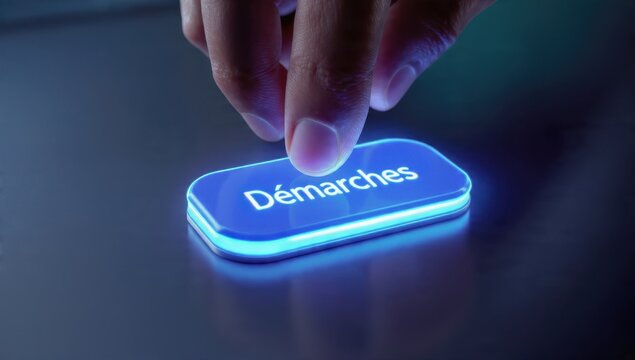 Press Demarches Blue Glowing Button on Futuristic Digital Screen