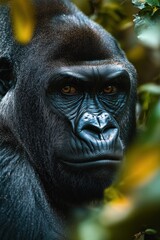 Obraz premium close-up portrait of a contemplative gorilla among leafy foliage with textured dark fur and a calm, introspective mood