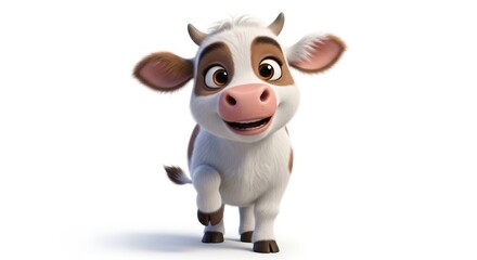 Fototapeta premium A cute, happy cartoon calf with brown and white spots, walking forward on a white background.