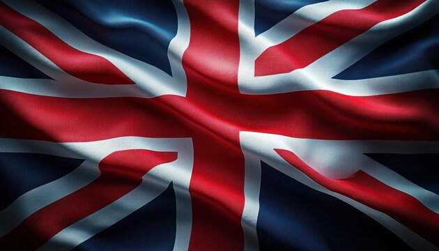 Close-up of a waving British flag with rich red, white and blue fabric folds and dramatic lighting evoking pride and strength