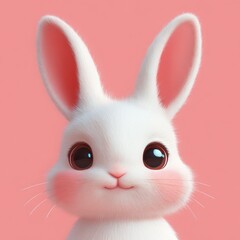 Fototapeta premium adorable fluffy white bunny with large dark eyes, rosy cheeks, upright ears and whiskers smiling on a soft pink background