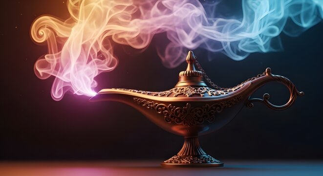 A mystical lamp emitting vibrant smoke against a dark background reminiscent of a magical genie lamp from ancient tales
