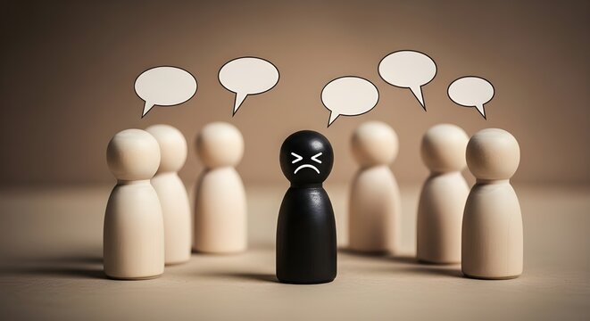 A solitary figure with a frowning face surrounded by speechless peers