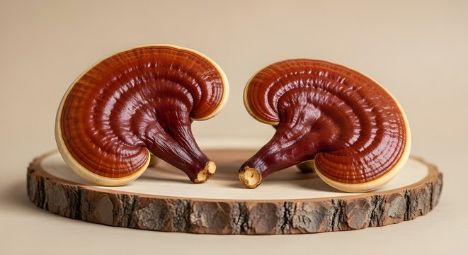 Reishi mushrooms on a wooden base for herbal remedies and health supplements