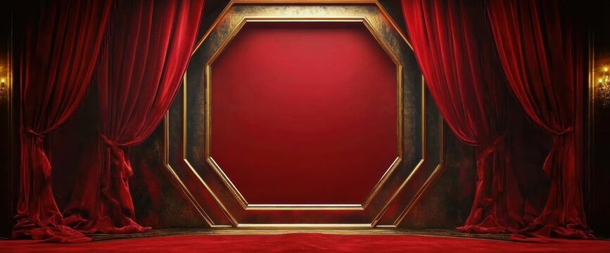 red velvet curtains parted to reveal an ornate gold octagonal stage frame and empty crimson backdrop, evoking dramatic anticipation