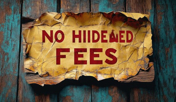 Torn yellow paper sign reading no hidden fees in bold red letters on weathered teal wooden planks, distressed rustic notice conveying an assertive warning about pricing