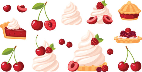 Cherry Dessert Collection with Cakes, Cream, and Fresh Fruits Vector Illustration for Sweet Food Design, Bakery Concepts, and Summer Treat Decorations © MdMojnu