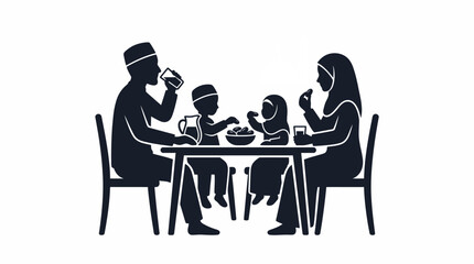 Fototapeta premium A black silhouette illustration of a Muslim family, including parents and two children, sharing a meal together at a dining table.