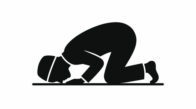 Black silhouette of a Muslim man prostrating in prayer on a white background, depicting an act of worship.