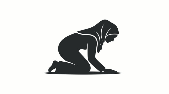 Silhouette of a Muslim woman in hijab kneeling in prayer or prostration on a white background, depicting devotion and worship.
