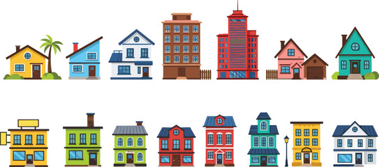 Collection of Colorful House Icons Featuring Suburban Residential Homes, Modern Apartment Buildings, City Skyscrapers, Townhouses, Cottage Styles, and Urban Real Estate Architectural Design Elements © Jabun