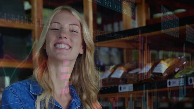 Woman moving from smile to broad grin, camera zooming in, retail charts layering scene over bottles