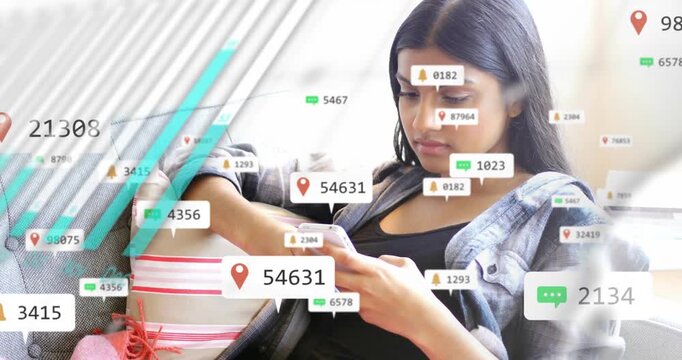 Woman on couch tapping phone causing social alerts clustering over screen showing rising messages