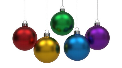 Obraz premium Colorful christmas ornaments hanging from strings on transparent background