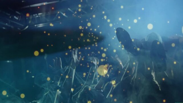 Camera panning upward, music fans passing surfing shoes, hands up, lights particles cheering band