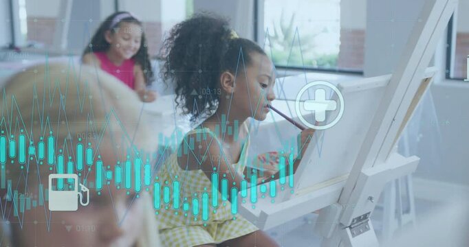 Camera widening, girl in yellow gingham painting at easel in art class, teal waveform flowing above