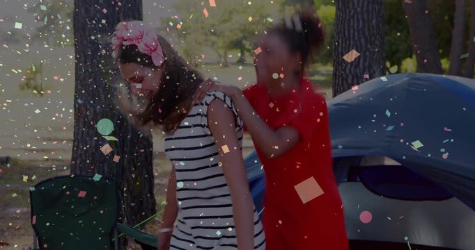 Two women greeting, red woman mounting striped woman for piggyback during camping, confetti overlay