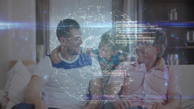Child pressing closer, father and granddad turning, tech globe and code overlay showing family bond
