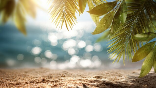 A serene beach scene featuring palm leaves framing a sparkling ocean, with soft waves and sandy shore, evoking a tropical paradise.
