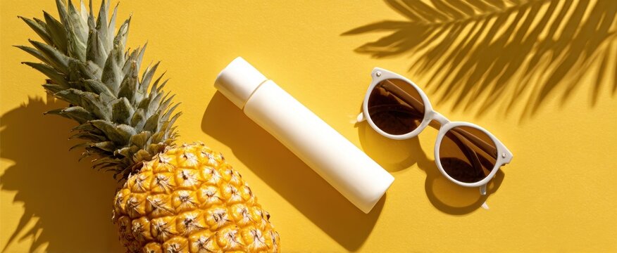 A vibrant summer flat lay featuring a pineapple, sunglasses, and a sunscreen bottle against a bright yellow background.