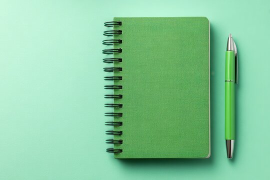 Green spiral notebook and matching pen on a solid green background