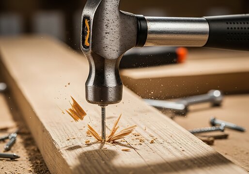 A close up view of a metal hammer driving a steel nail into a piece of natural light brown wood