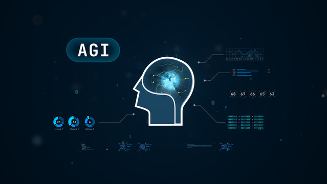 Futuristic AGI digital brain and automation concept with HUD data interface, vector illustration.