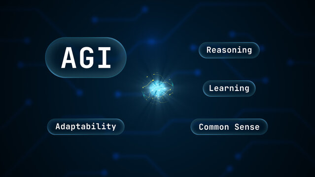 AGI Artificial General Intelligence capabilities on fluid glass UI buttons with futuristic technology background