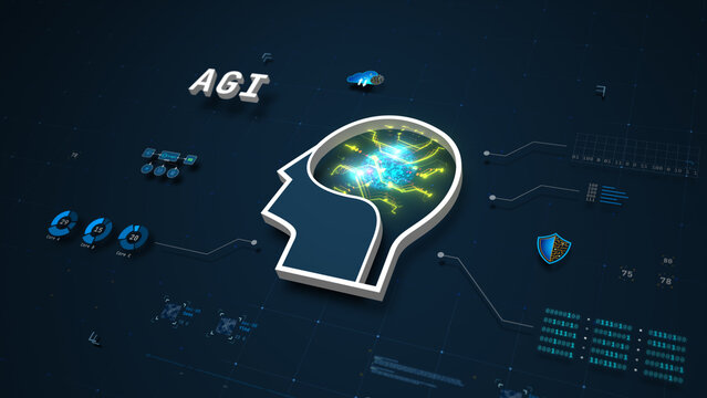 Futuristic AGI digital brain and automation concept with HUD data interface, vector illustration.