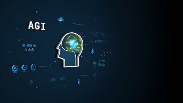 Futuristic AGI digital brain and automation concept with HUD data interface, vector illustration.