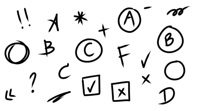 Hand-Drawn School Grades with A, B, C, D, and F, Plus Symbols, Circles, and Boxes in a Doodle Style - Transparent PNG