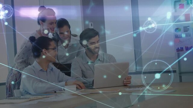 Left man leaning and pointing at laptop starting team reviewing tech charts while overlay drifting